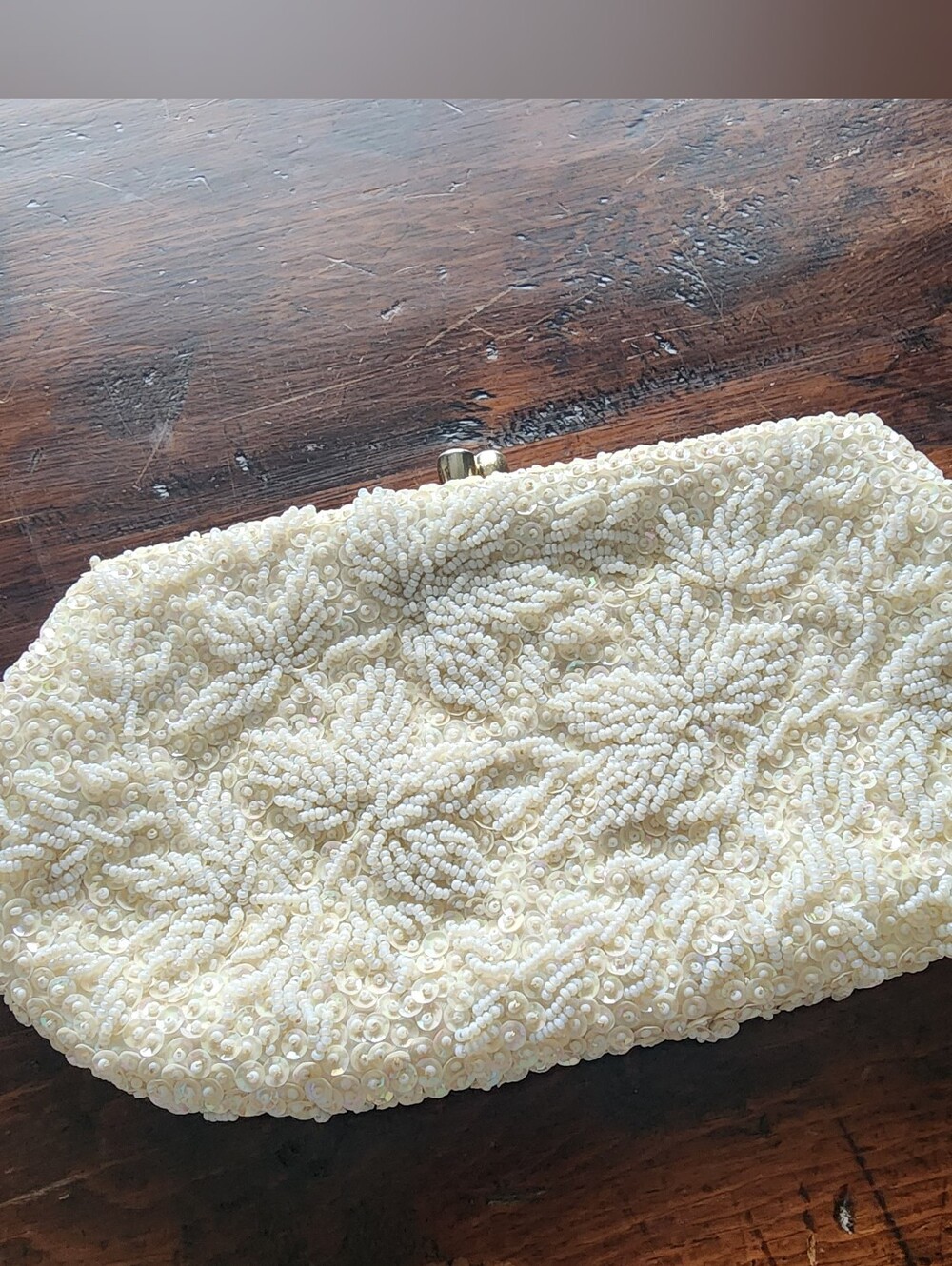 Vintage Evening Clutch Purse White Hand Beaded Hong Kong Wedding Prom DAMAGED